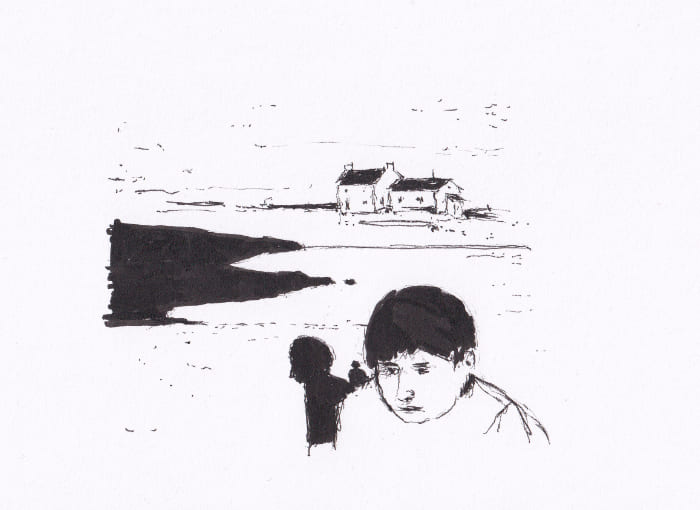 Die Skizze zeigt einen jungen Mann mit nach unten gerichteten Blick im Vordergrund, vor einer Küstenlandschaft mit Häusern – Schwarz-Tinte auf Papier