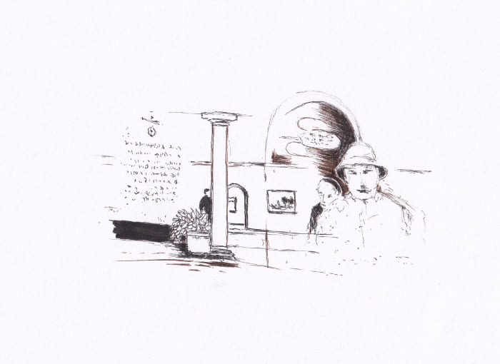 Die Schwarz-Weiss-Skizze zeigt eine Szene, die eine Aussenansicht und eine Innenansicht eines Gebäudes mit drei Personen darstellt, wobei eine Person im Vordergrund steht. – Schwarz-Tinte auf Papier