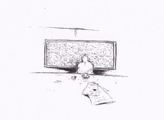 Die skizzenhafte, schwarz-weisse Illustration zeigt eine Person, die vor einem Bild sitzt und eine Tasse Kaffee trinkt, während sich Papiere auf dem Tisch befinden – Schwarz-Tinte auf Papier