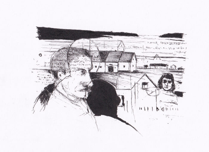 Eine Schwarz-Weiss-Zeichnung zeigt eine Szene mit mehreren Menschen, Häusern und einer Landschaft, die in einem minimalistischen Stil gestaltet ist – Schwarz-Tinte auf Papier