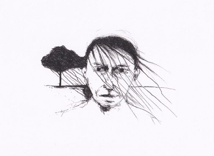 Skizze – Das schwarz-weisse, skizzenhafte Bild zeigt das Porträt eines Menschen, der dem Betrachter zugewandt ist, mit wehenden Haaren und einer Baumsilhouette im Hintergrund – Schwarz-Tinte auf Papier