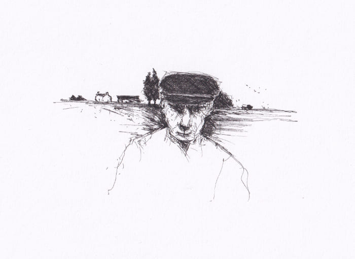Skizze einer Person vor einer ländlichen Szene darstellt, die eine Atmosphäre von Melancholie und Besinnlichkeit erzeugt – Schwarz-Tinte auf Papier