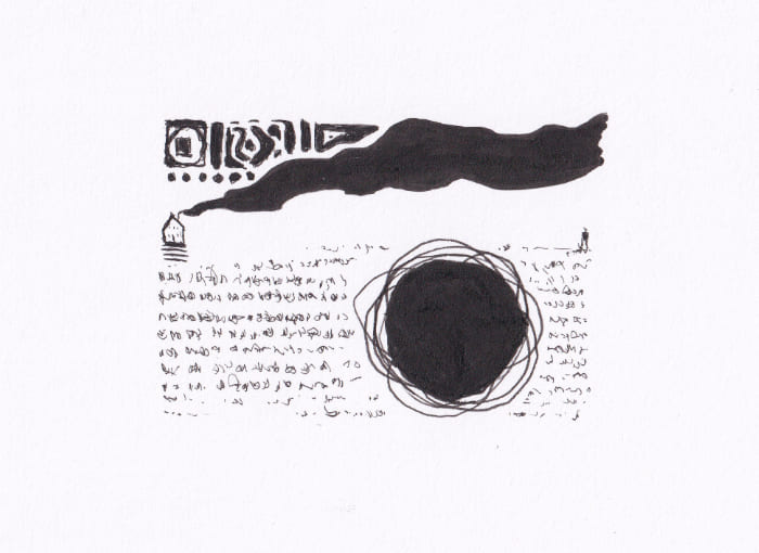 Skizze – Das Bild zeigt eine Schwarz-Weiss-Zeichnung mit abstrakten Elementen, die verschiedene Formen und Texturen aufweisen, und eine handschriftliche Schrift darunter – Schwarz-Tinte auf Papier