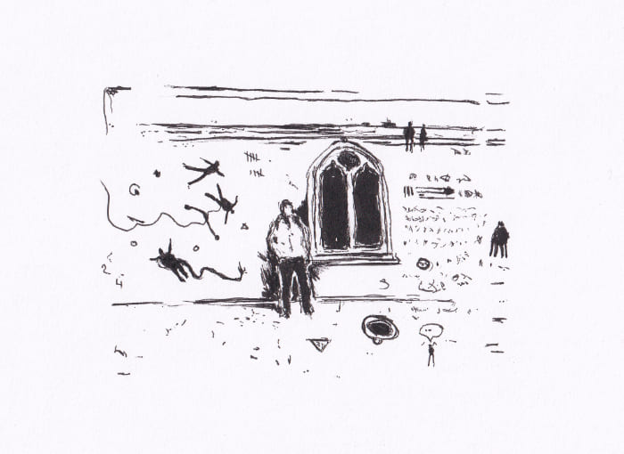 Skizze – Das Schwarz-Weiss-Bild, das in einem einfachen Strichstil gehalten ist, stellt eine surreale Szene mit architektonischen und figurativen Elementen dar, die eine ungewöhnliche Atmosphäre schaffen – Schwarz-Tinte auf Papier