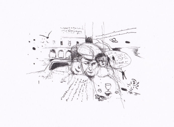 Die Skizze präsentiert eine surrealistische Komposition mit mehreren übereinanderliegenden Elementen, die eine vielschichtige Szene suggerieren – Schwarz-Tinte auf Papier