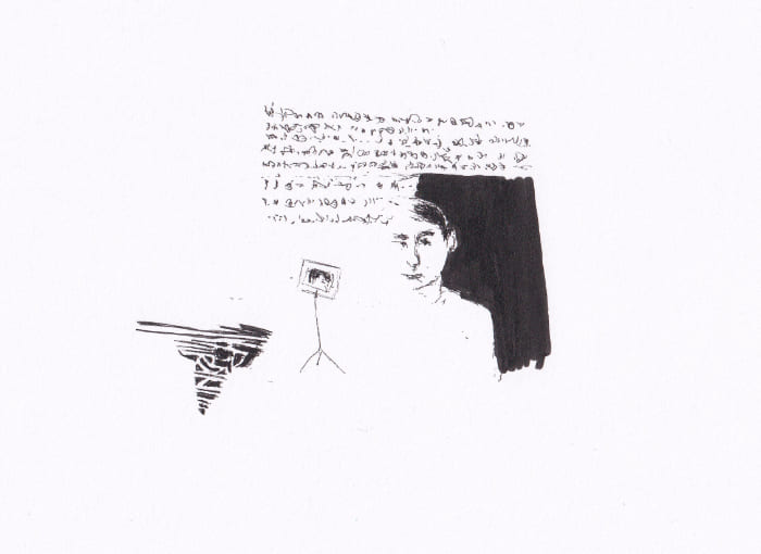 Skizze – Das Bild präsentiert eine skizzenhafte, schwarz-weiße Darstellung einer Person, ergänzt durch einen Textblock und einen kleinen Notenständer, die eine Art von narrativer Szene andeuten. – Schwarz-Tinte auf Papier