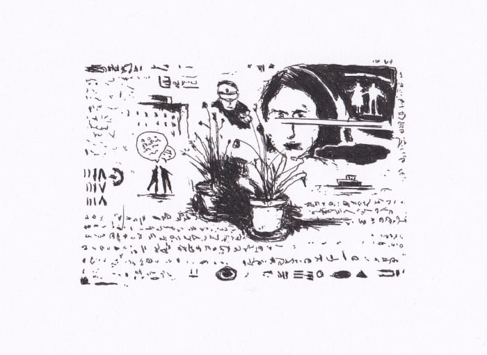 Das Bild zeigt eine Schwarz-Weiss-Skizze mit einer komplexen Komposition, die verschiedene Elemente wie Gesichter, Pflanzen und Schriftzüge in einer surrealen Szene vereint – Schwarz-Tinte auf Papier