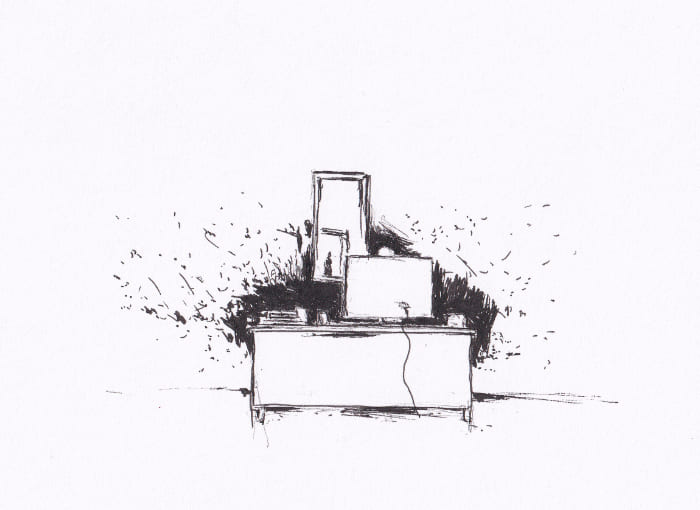 Schwarz-Weiss-Skizze zeigt einen Schreibtisch mit Dekoration, Computer und Kabel, eingebettet in eine abstrakte Umgebung – Schwarz-Tinte auf Papier