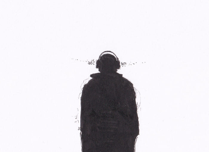 Die Skizzen zeigt eine Person, die mit Kopfhörern auf dem Kopf in monochromen Schatten dargestellt wird – Schwarz-Tinte auf Papier
