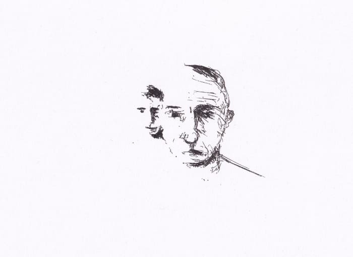 Skizze – Das Bild zeigt eine skizzenhafte, minimalistische Darstellung eines Mannes, dessen Gesicht sich auf einem weissen Papier verdoppelt, wobei die Linienführung viel von der Tiefe erzeugt – Schwarz-Tinte auf Papier