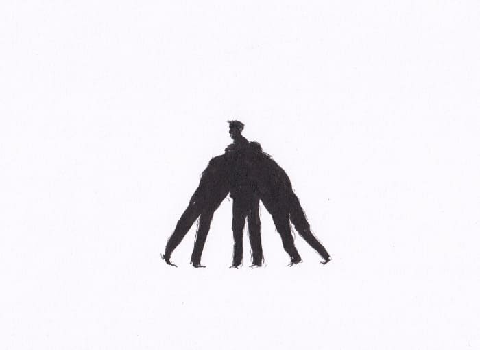 Skizze – Die minimalistische Illustration zeigt drei ineinander verschlungene menschliche Figuren, die eine kompakte, fast skulpturale Form bilden – Schwarz-Tinte auf Papier