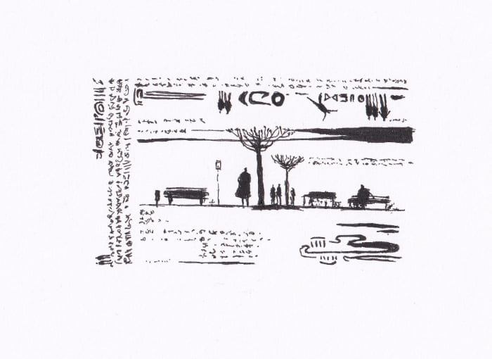 Skizze – Die Zeichnung in Tusche und Tinte zeigt eine Szene in einem Park mit Figuren, Bäumen und Bänken, umgeben von abstraktem Schriftwerk. – Schwarz-Tinte auf Papier