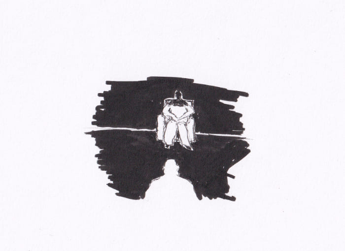 Skizze – Eine minimalistische Schwarz-Weiss-Zeichnung zeigt eine sitzende Figur in einem Sessel, gegenüber die Silhouette des Gegenübers – Schwarz-Tinte auf Papier
