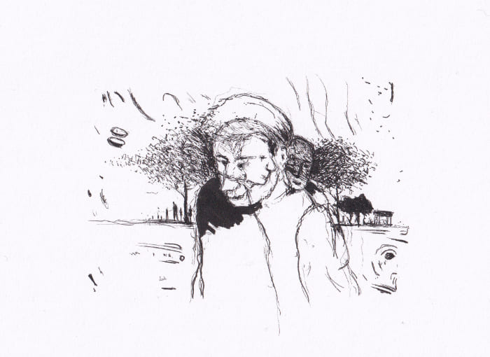 Skizze mit verschachtelten Figuren, die von Bäumen und einer angedeuteten Landschaft umgeben sind – Schwarz-Tinte auf Papier