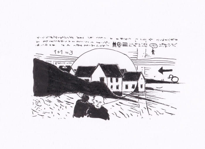 Eine handgezeichnete Schwarzweiss-Illustration zeigt eine Landschaft mit Häusern, mathematischen Notizen und abstrakten Elementen, die einen rätselhaften Eindruck erweckt. – Schwarz-Tinte auf Papier