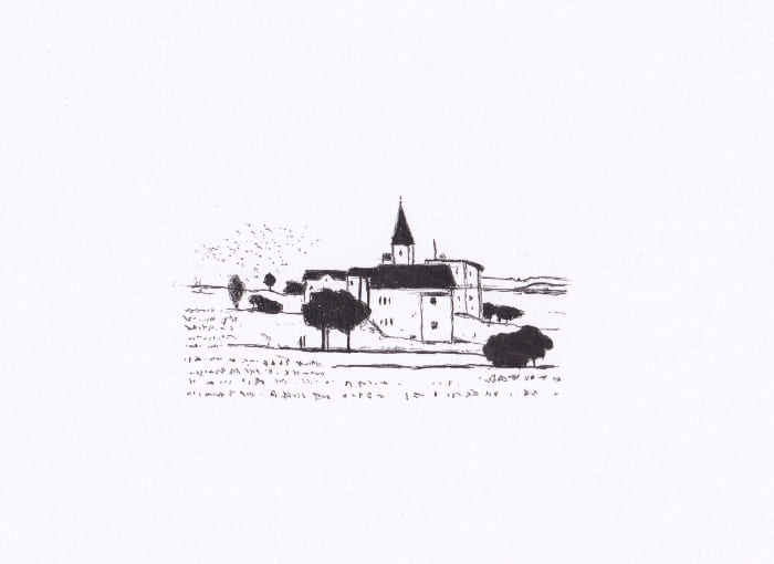 Skizze – Die Schwarz-Weiss-Zeichnung zeigt eine schematische Darstellung eines ländlichen Szenarios mit einer Kirche im Zentrum, die von Bäumen und einer hügeligen Landschaft umgeben ist. – Schwarz-Tinte auf Papier