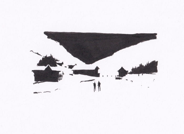 Eine einfache Schwarz-Weiss-Tuschezeichnung stellt eine verschneite Berglandschaft mit einigen Gebäuden und zwei kleinen Figuren dar, die eine Szene der Stille einfängt. – Schwarz-Tinte auf Papier