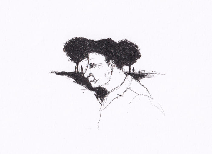 Minimalistische Zeichnung zeigt einen Mann im Profil mit Bäumen, die sein Haar ersetzen, und verschwommenen Figuren im Hintergrund, was eine surreale Landschaft widerspiegelt. – Schwarz-Tinte auf Papier