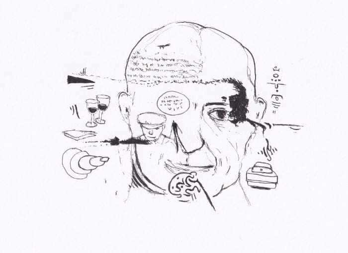 Skizze – EineTuschezeichnung zeigt das Porträt eines Mannes, in das verschiedene Objekte und Schriftzeichen eingearbeitet sind, wodurch eine surrealistische Komposition entsteht, mit Langläufer. – Schwarz-Tinte auf Papier