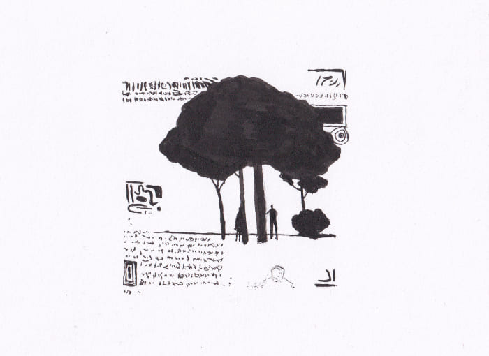 Skizze – Die Schwarz-Weiss-Zeichnung zeigt eine schemenhafte Landschaftsszene mit Bäumen, Menschen, Figuren und Schriftzeichen, die eine geheimnisvolle Atmosphäre erzeugt – Schwarz-Tinte auf Papier