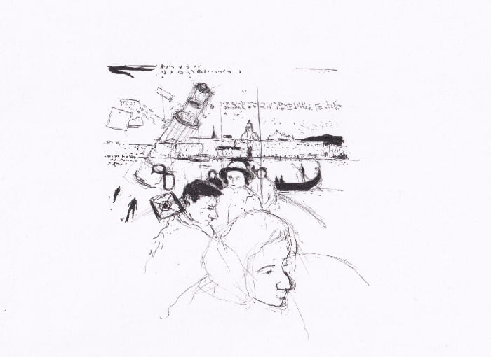 Skizze – Das Bild zeigt eine skizzenhafte, schwarz-weisse Darstellung einer Szene, die Menschen in einer Stadtkulisse Venedigs vor einem Gewässer zeigt, mit dem Fokus auf der Interaktion zwischen den Menschen. – Schwarz-Tinte auf Papier