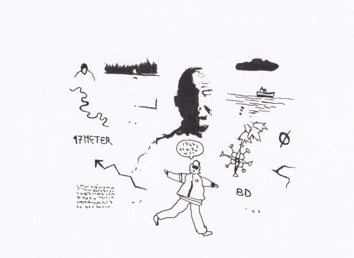 Skizze – Die Zeichnung zeigt eine Ansammlung von schematischen Figuren und Elementen, darunter eine Person, Landschaftsdetails und verschiedene Symbole, die in einer skizzenhaften Art und Weise dargestellt werden – Schwarz-Tinte auf Papier