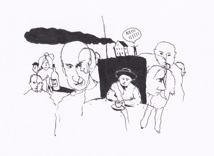 Kaffeetrinker und all seine Kontakte Eine skizzenhafte Szene mit mehreren Menschen, die wahrscheinlich in einer Innen- oder Außenumgebung interagieren, was einen leicht chaotischen Eindruck erweckt – Schwarz-Tinte auf Papier