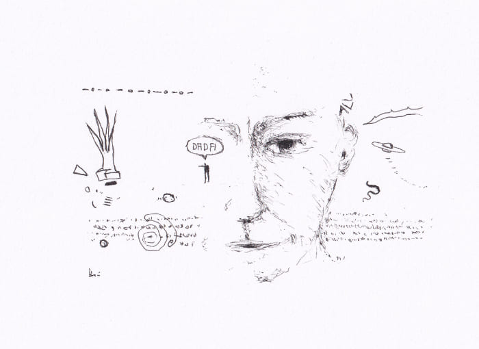 Die Skizze zeigt ein Porträt, das von verschiedenen, scheinbar zufälligen Elementen umgeben ist, was auf eine introspektive oder surrealistische Bildsprache hindeutet – Schwarz-Tinte auf Papier