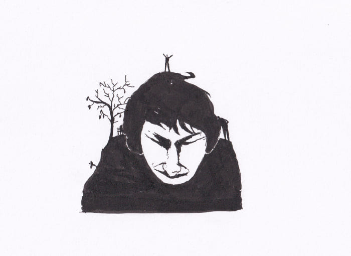 Skizze Porträt einer Person mit überlagerten Landschaftselementen und deutlicher, expressionistischer Tuschezeichnung – Schwarz-Tinte auf Papier