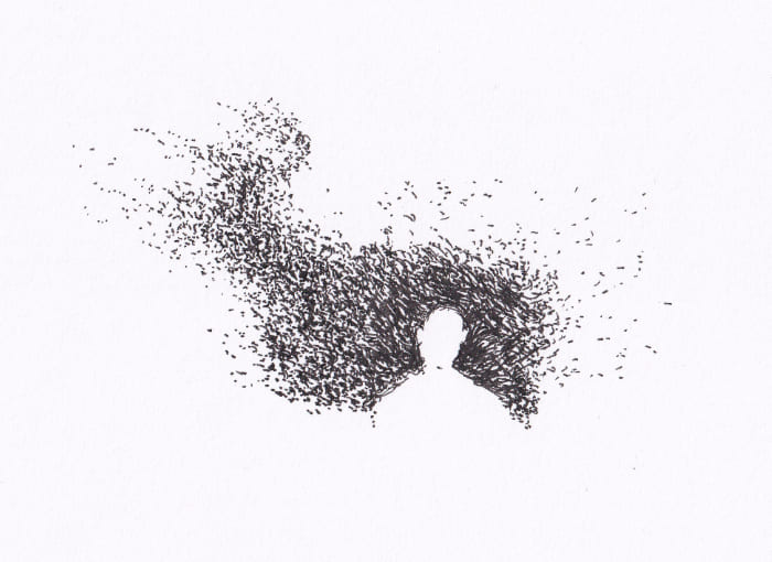 Das Bild zeigt eine minimalistische, schwarz-weiße Illustration, die eine menschliche Silhouette darstellt, die sich in winzige, scheinbar verstreute Elemente auflöst. – Schwarz-Tinte auf Papier