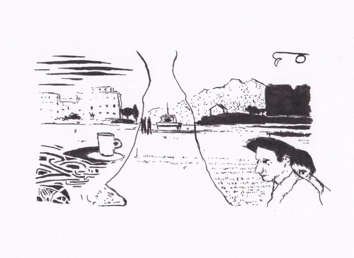 Die Skizze zeigt eine Szene am Meer, unterteilt durch eine menschliche Silhouette, mit einer Tasse Kaffee, einer Küstenlandschaft und einer Person, die in Gedanken versunken ist – Schwarz-Tinte auf Papier