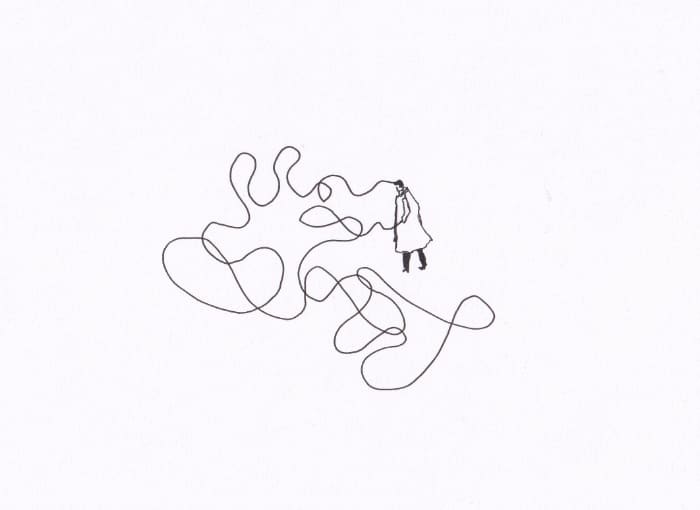 Skizze – Mann mit Linie von Kopf bis Hand – Schwarz-Tinte auf Papier