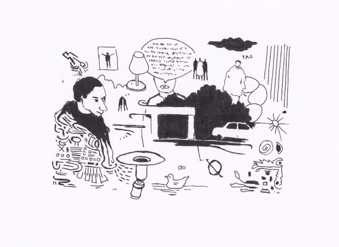 Eine skizzenhafte, schwarz-weisse Illustration präsentiert eine Sammlung von verschiedenen Elementen, darunter Figuren, Objekte und Symbole, die in einer assoziativen Weise angeordnet sind. – Schwarz-Tinte auf Papier