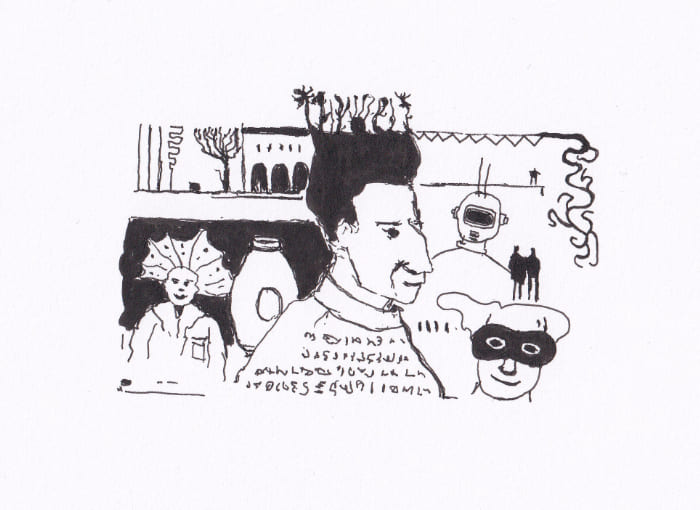 Skizze einer surreale Komposition aus verschiedenen Elementen dar, darunter eine Porträtfigur, ein Taucher, eine Maskenfigur und abstrakte Formen - Schwarz-Tinte auf Papier