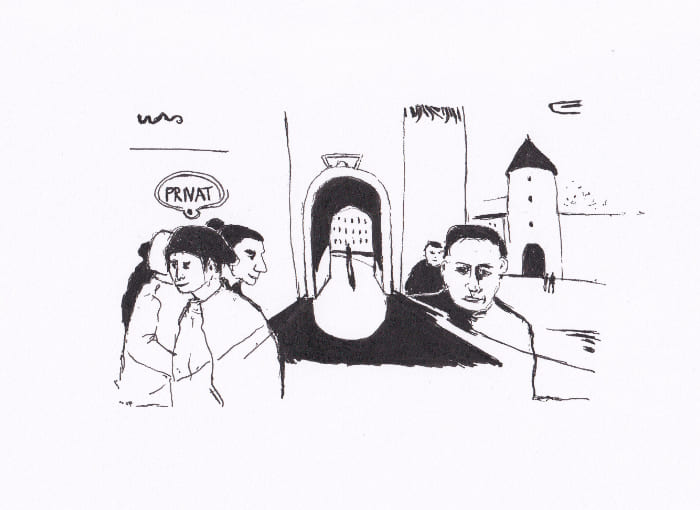 Die Skizze zeigt eine Szene vor einem Torbogen, in der mehrere Figuren dargestellt sind, zusammen mit Gebäuden im Hintergrund – Schwarz-Tinte auf Papier