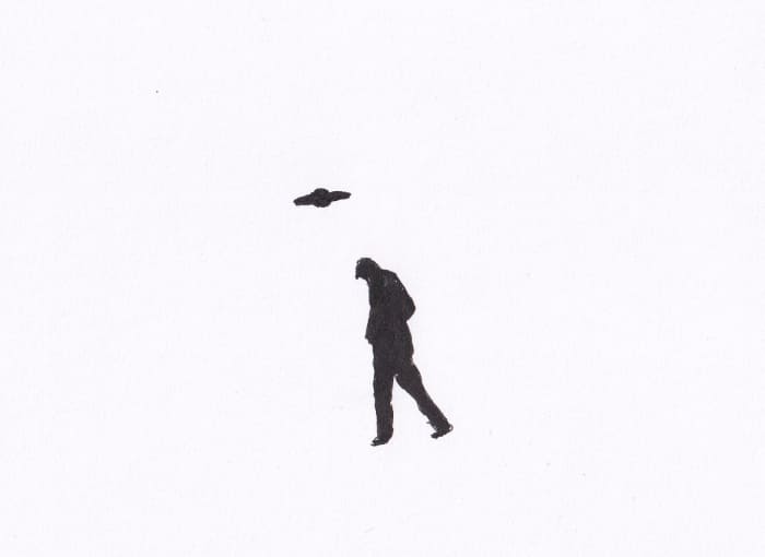Skizze – Mann und UFO – Schwarz-Tinte auf Papier