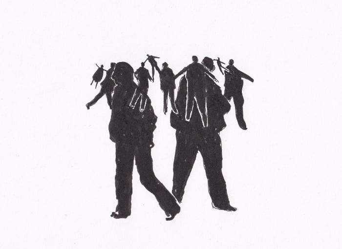 Skizze – Die skizzenhafte, monochrome Zeichnung zeigt eine Gruppe von Menschen, die auf den Schultern anderer getragen werden, als ob sie fröhlich zusammen spazieren gingen – Schwarz-Tinte auf Papier