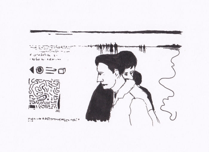 Skizze – Menschen am Strand mit Zubehör – Schwarz-Tinte auf Papier