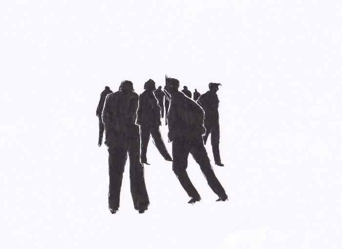 Die Skizze zeigt eine Gruppe von Menschen, die in Silhouetten dargestellt sind und sich in einer unbestimmten Richtung bewegen, wodurch eine gewisse Unruhe entsteht. – Schwarz-Tinte auf Papier