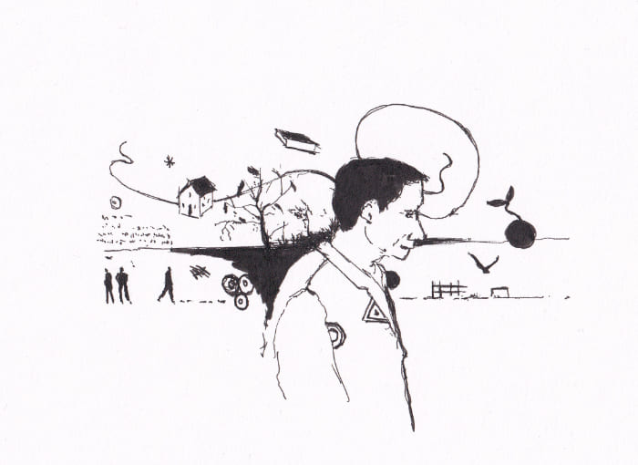 Die Skizze zeigt einen Mann im Profil, umgeben von surrealen, assoziativen Elementen, die eine innere Landschaft oder Gedankenwelt darstellen – Schwarz-Tinte auf Papier