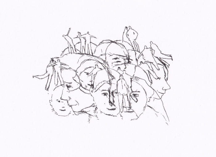 Strichzeichnung mehrerer Köpfe und Menschen – Schwarz-Tinte auf Papier