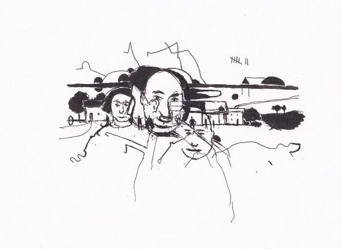 Die Skizze zeigt überlagerte Gesichter und eine ländliche Kulisse, die eine gefühlvolle und introspektive Atmosphäre erzeugt. – Schwarz-Tinte auf Papier