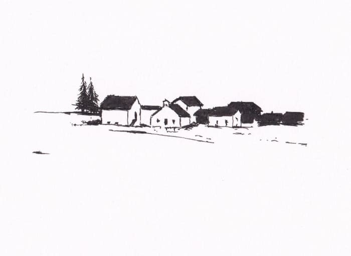Die Skizze zeigt eine ländliche Ansammlung von Gebäuden, die von zwei Lerchen flankiert werden, und vermittelt eine ruhige, einfache Szene – Schwarz-Tinte auf Papier