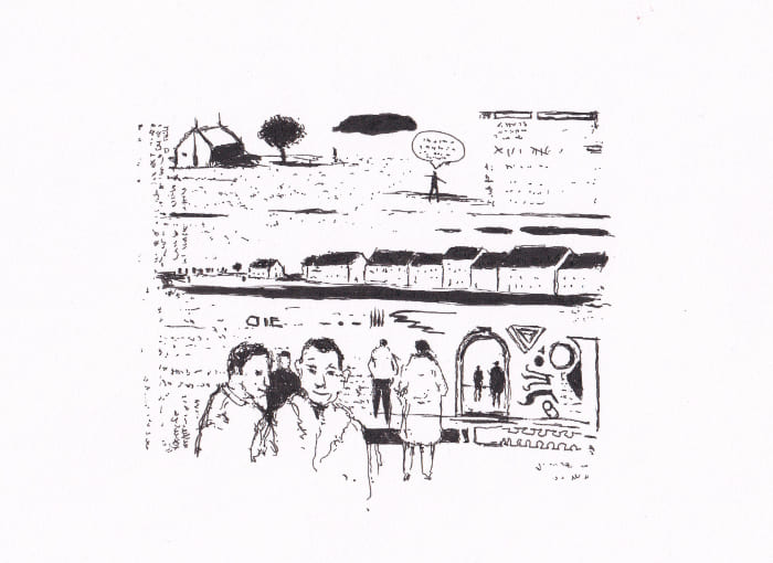 Menschen, Häuser und eine Landschaft sind in Skizzen dargestellt – Schwarz-Tinte auf Papier