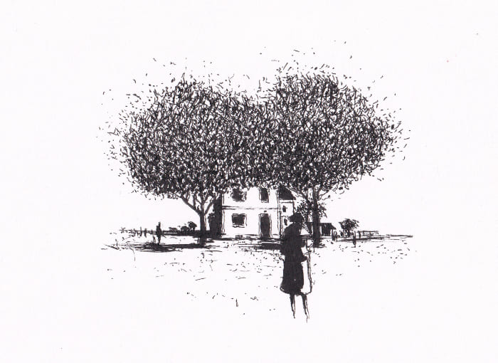 Skizze – Eine Person steht vor einem Haus unter Bäumen – Schwarz-Tinte auf Papier