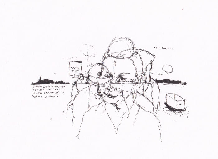 Eine Skizze in Linienmanier stellt zwei schemenhafte menschliche Figuren im Vordergrund und eine Stadtlandschaft im Hintergrund dar, ergänzt durch einige symbolische Elemente – Schwarz-Tinte auf Papier