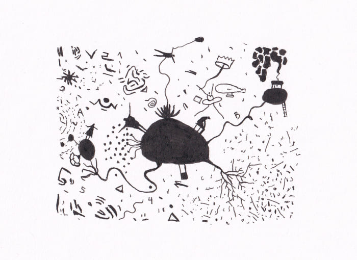 Alles ist möglich Skizze – Abstrakte Zeichnung mit verschiedenen Symbolen und Formen – Schwarz-Tinte auf Papier