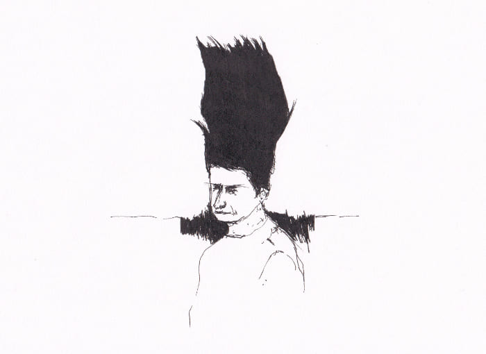 Die Skizze zeigt ein Porträt eines jungen Mannes mit auffällig hochtoupierter Frisur, der mit einer nachdenklichen Miene in eine imaginäre Ferne blickt – Schwarz-Tinte auf Papier