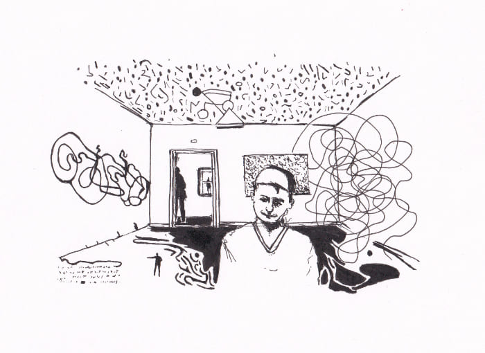 Skizze – Mann steht in surrealer, abstrakter Umgebung – Schwarz-Tinte auf Papier