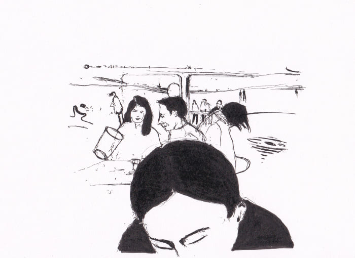 Skizze – Menschen treffen sich an einem Tisch, einige trinken. – Schwarz-Tinte auf Papier